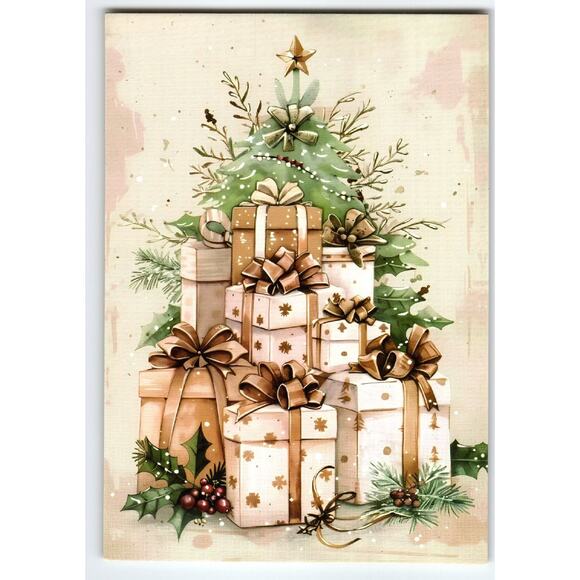 Vintage Style Christmas Lithograph Postcard with Gift Stack Design - Picture 1 of 2